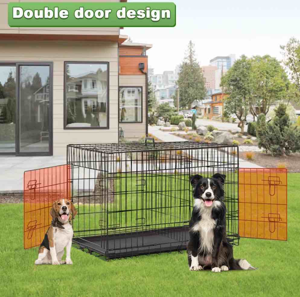 BestPet 48 inch Foldable Metal Dog Crate for Large Dogs, Double Door, Divider, Removable Tray(Black)