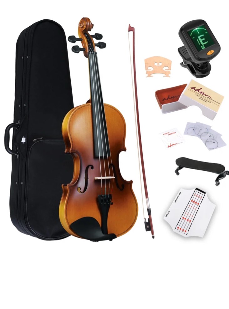 ADM Violin 4/4 Full Size, Adults Violin Beginner Set with Fingerboard Sticker, Shoulder Rest and Tuner