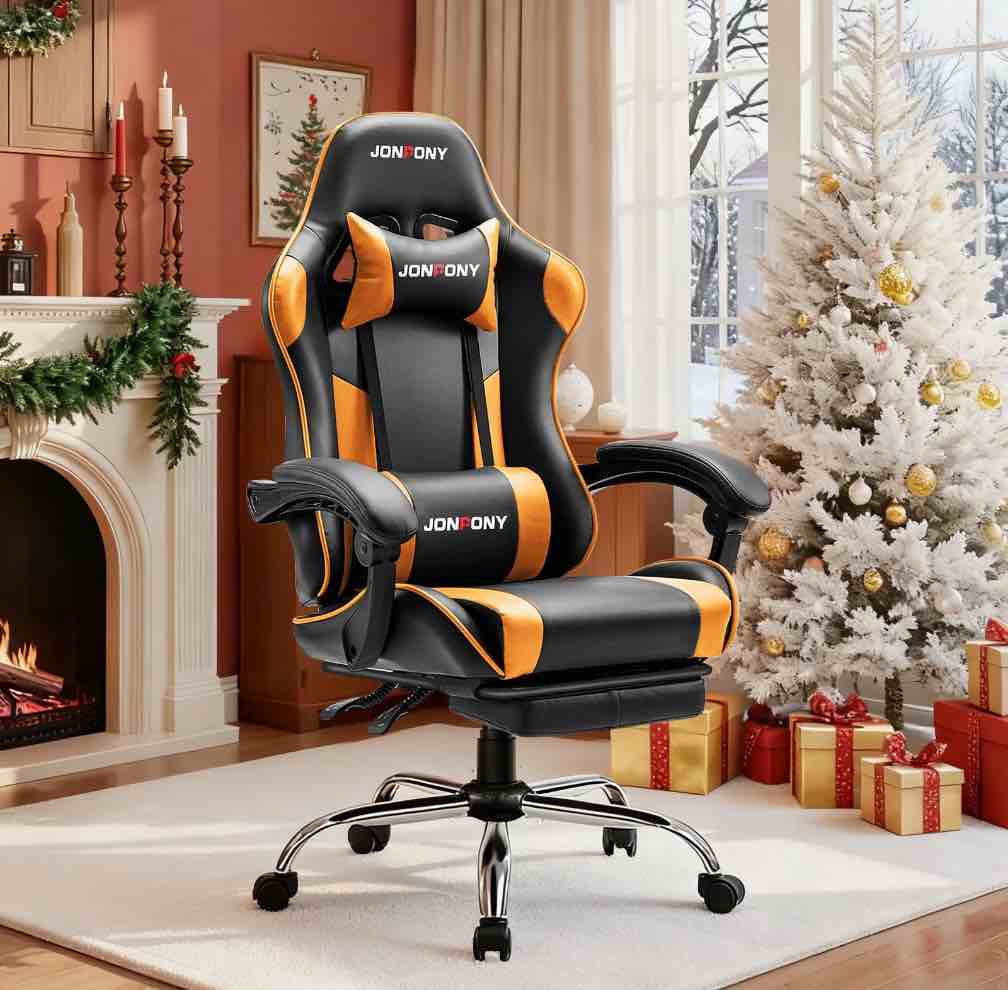 JONPONY Big and Tall Gaming Chair, Ergonomic Design, Gamer Chair PU Leather with Footrest and Lumbar Support, High Back Office Chair Support 8 Hours Long Sitting, Computer Chair,Orange
