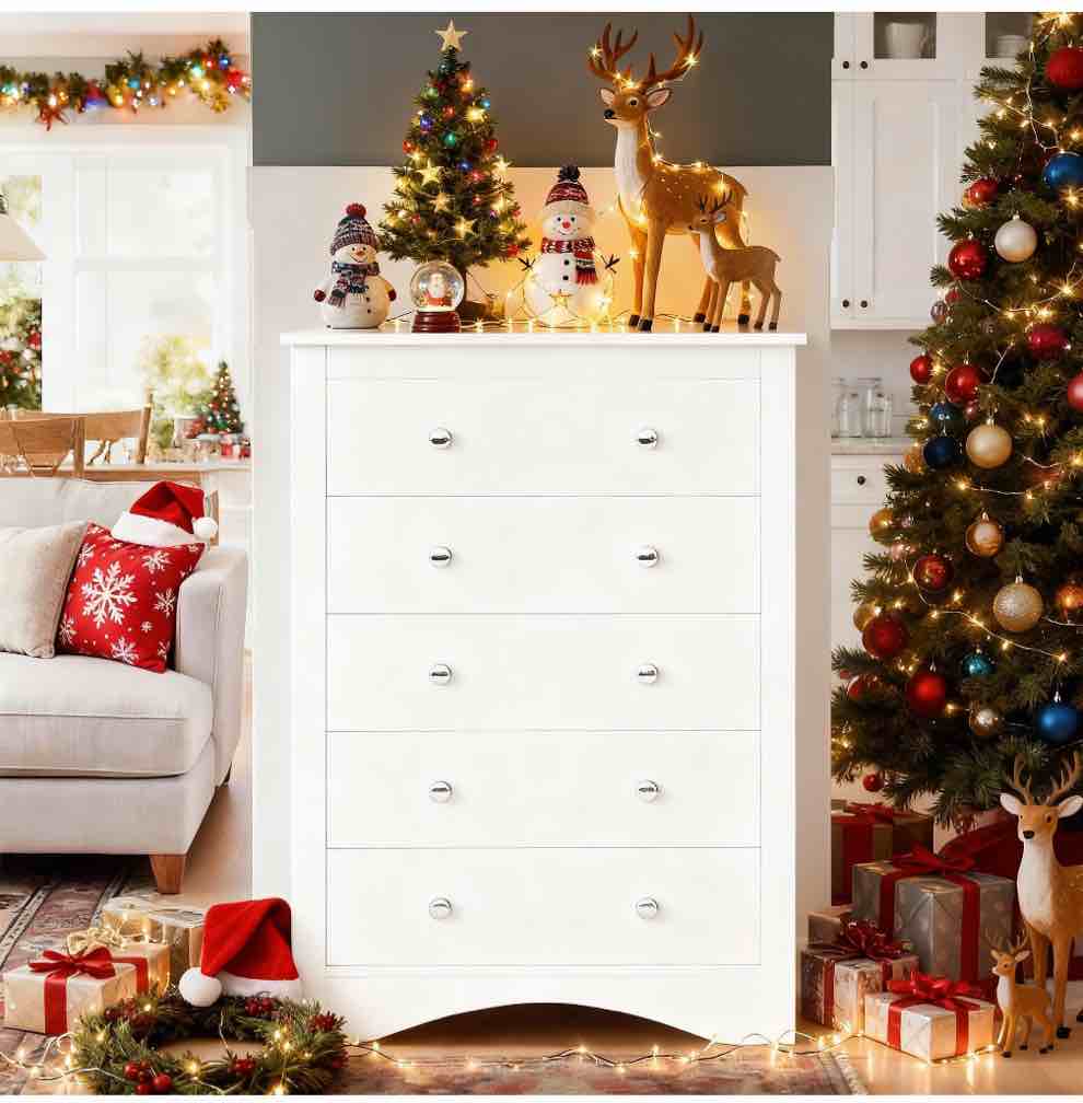 Homall 5 Drawer Dressers for Bedroom Equipped with an Anti-Toppling Device, Modern Wood Chest for Living Room, Hallway,White