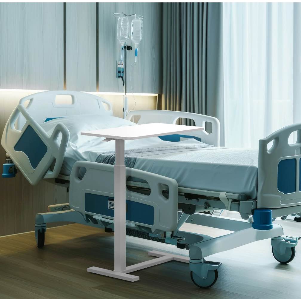 MCQ Adjustable Overbed Bedside Table With Hidden Wheels for Hospital, White