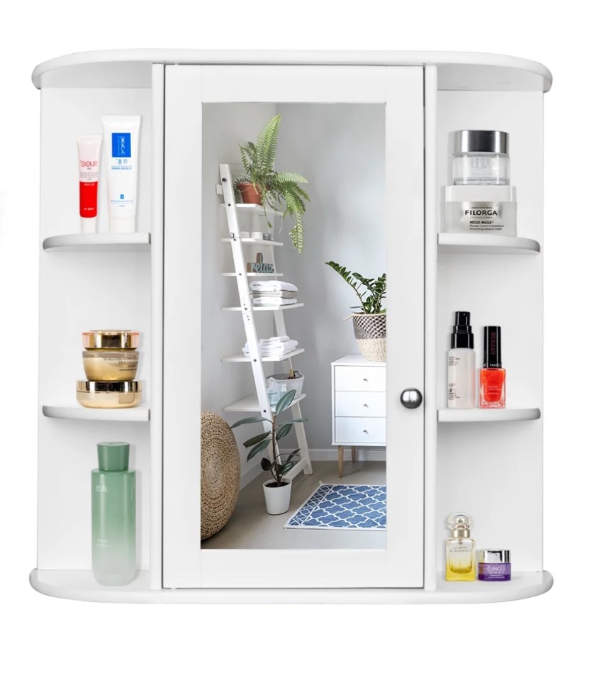 Ktaxon Wooden Bathroom Medicine Cabinet with Mirror Door & 8 Shelves, Wall Mounted Storage Organizer, White