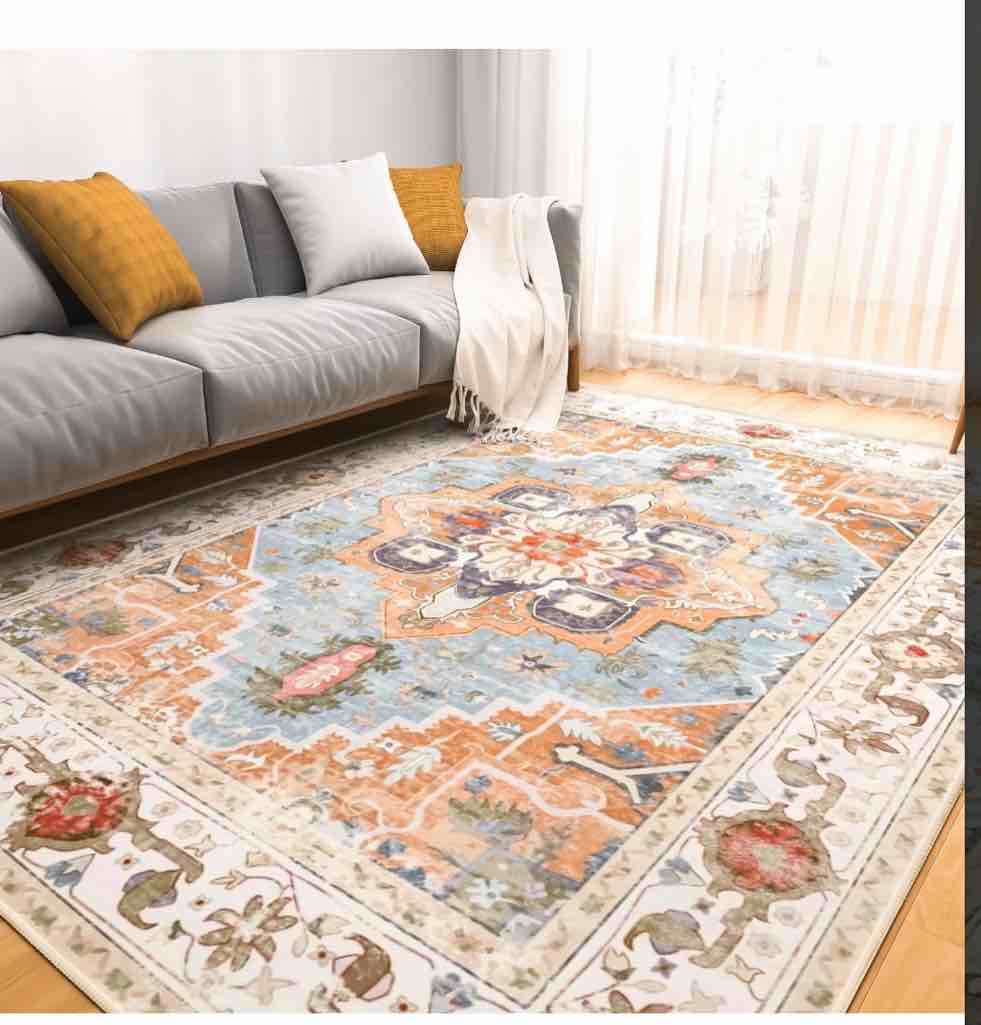 Cshidworld 8x10 Washable Area Rug - Large Soft Rugs for Living Room, Vintage Rug Foldable Non Slip Carpet Floral Print Mat Bedroom Living Room Kitchen Office, Easy-Cleaning