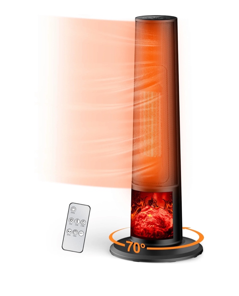 Qunler Space Heater with Remote,  26" Portable Electric Tower Heater with Tip-over and Overheat Protection, 12H Timer, Heating Fan for Bedroom Office, Black