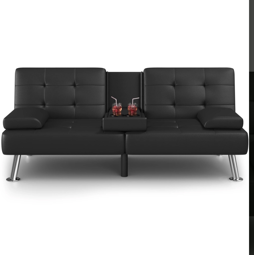 Homall Futon Sofa Bed Faux Leather Couch Modern Convertible Folding Recliner with 2 Cup Holders
