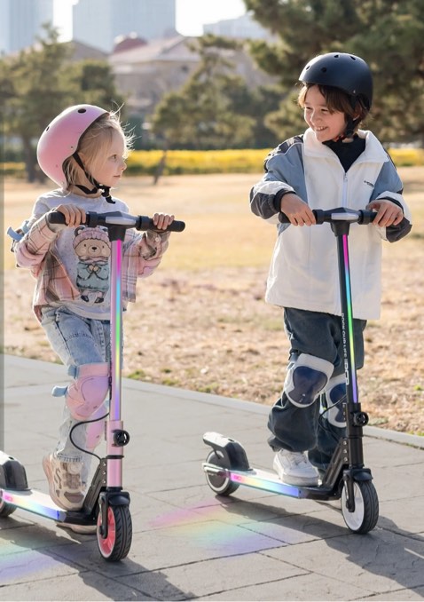 RCB Electric Scooter for Kids,Max Speed 9.3 mph,6.5 Miles Range,Rainbow LED Lights&Display,Foldable&Portable,Pink