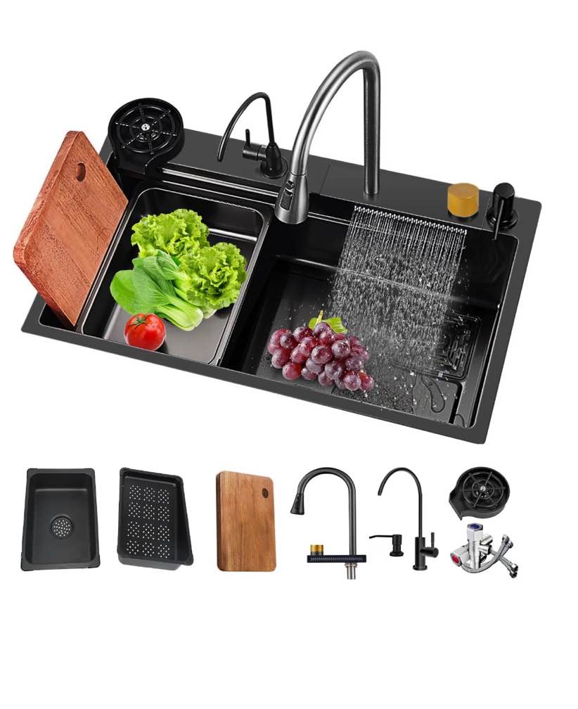 Waterfall Kitchen Sink, Single Bowl Drop in Kitchen Sink with Pull-Out Faucet and Multiple Accessories - 31.5×17.7×8 inch