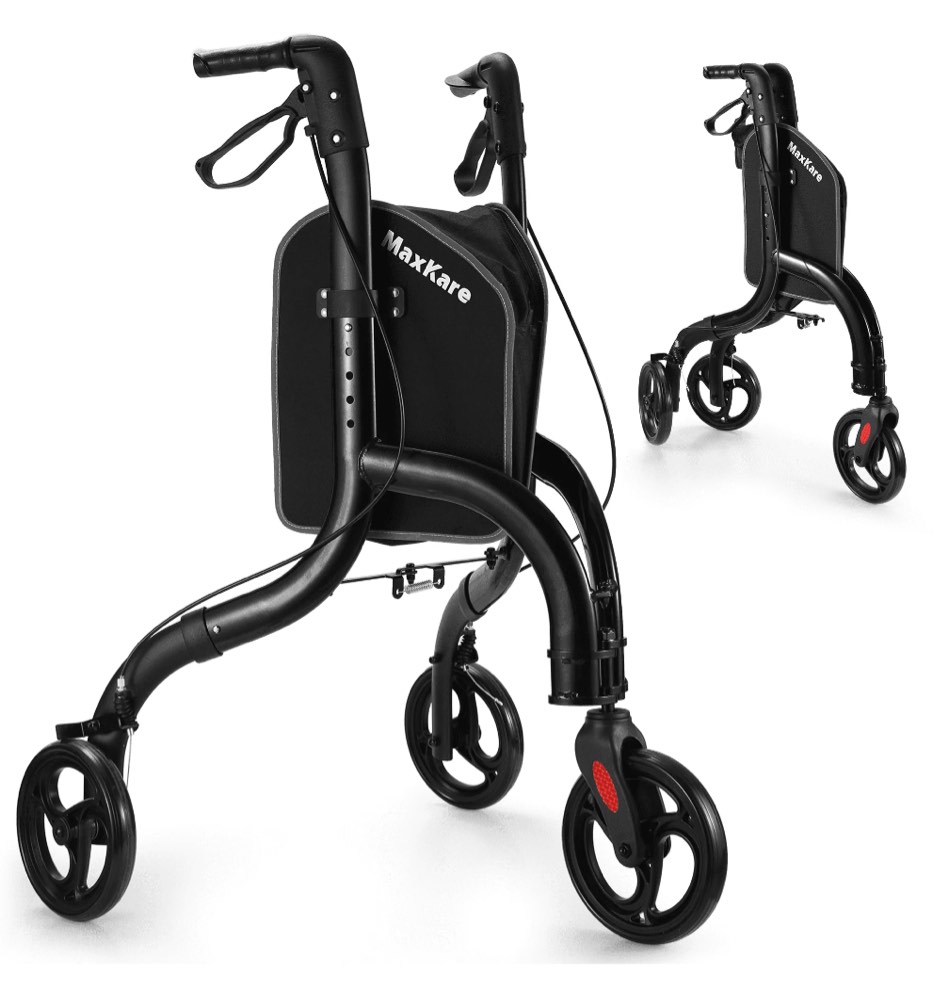 MaxKare 3-Wheel Walker for Seniors Foldable Rollator Walker with 8'' Wheel Lightweight, 300Lbs Weight Capacity, Height Adjustable, Black