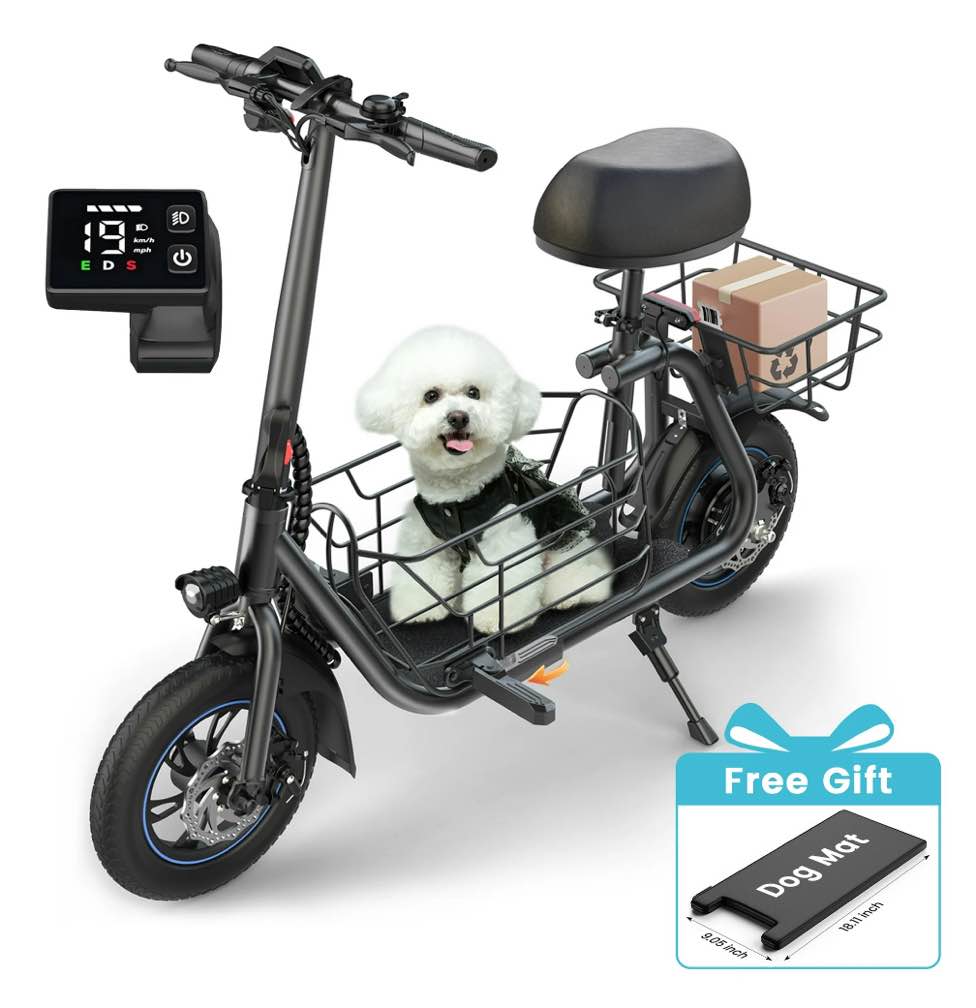 MIHOVER 19MPH Foldable 550W Electric Scooter with Seat for Adult, 12 inch Commuter E Scooter for Pets with Front & Back Basket & Dog Mat, Bigger Seat - up to 21 Miles