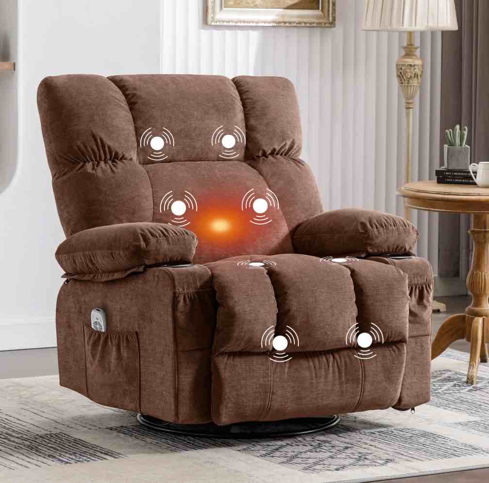 JONPONY Massage Swivel Rocker Recliner Chair with Vibration Massage and Heat Ergonomic Lounge Chair for Living Room with Rocking Function and Side Pocket, 2 Cup Holders, USB Charge Port,Brown