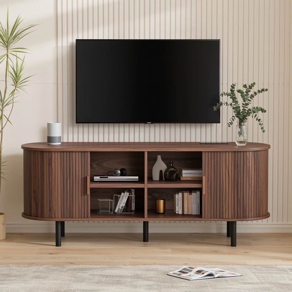 MARNUR 55" TV Stand for 60" TV, Wood Entertainment Center with Storage and Shelves, 2 Sliding Tambour Doors, Mid-Century Modern