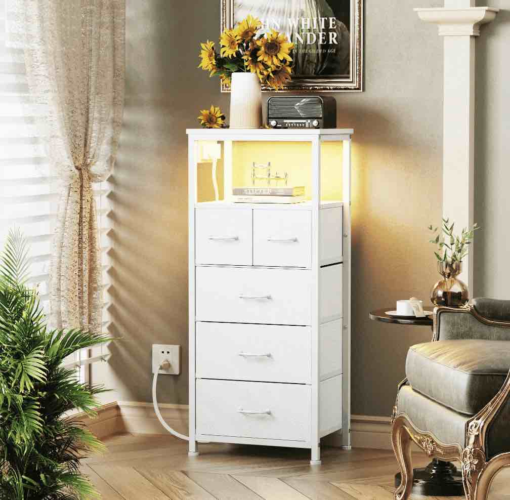 TYDIMOR Small Dresser for Bedroom, 5 Drawer with Charging Station, White, Ideal for Adults
