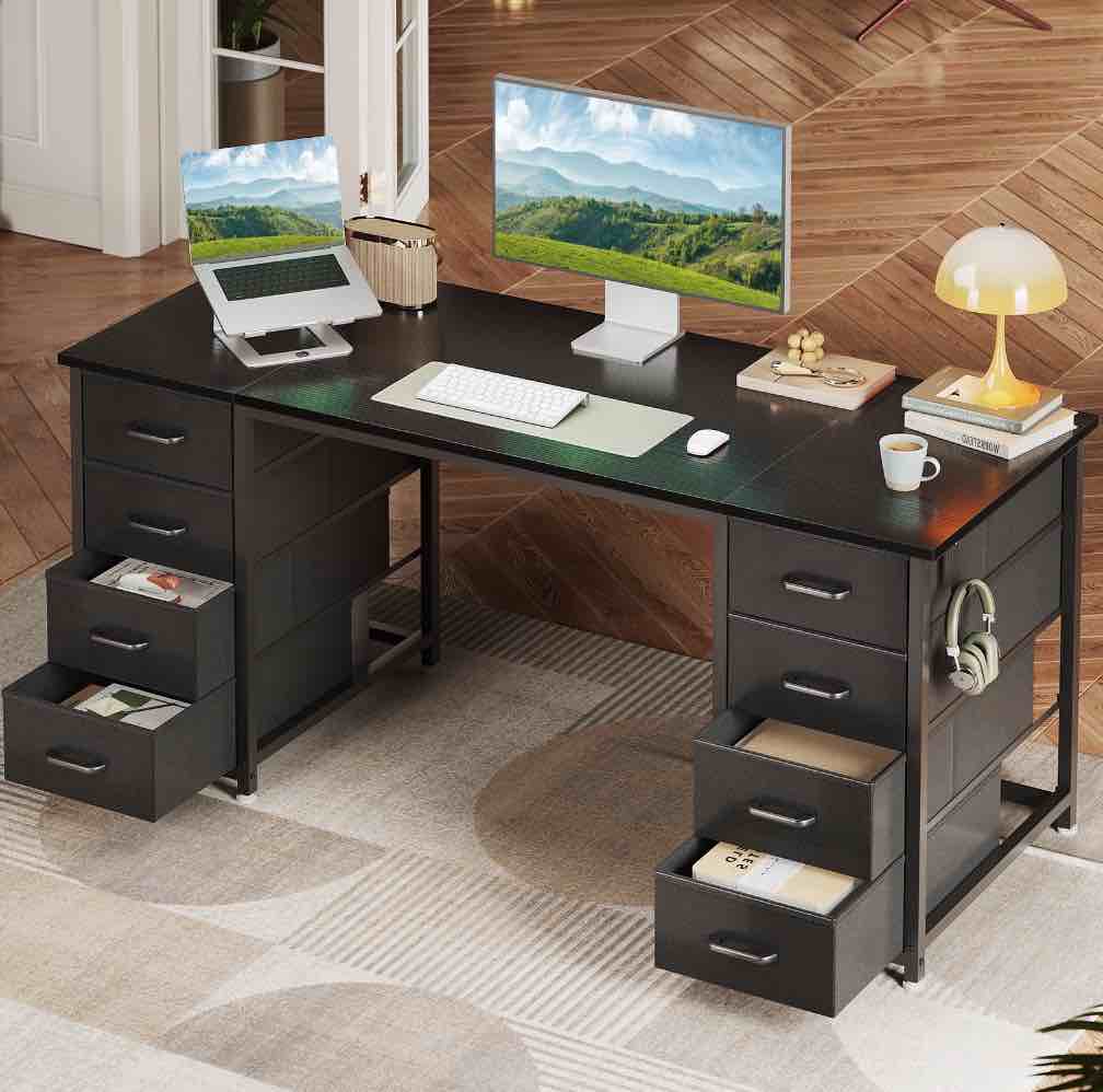 Black Computer Desk with Drawers for Storage - 55 inch Home Office Desk with 8 Fabric Drawers, Writing Study Desk with Drawers on Both Sides for Bedroom