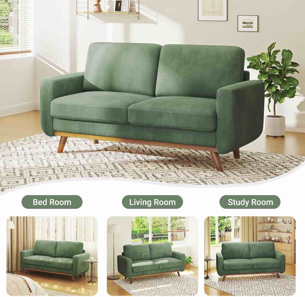 Neche 68" Corduroy Sofa for Living Room, 2 Seater Modern Couch for Small Space Office, Comfy Loveseat in a Box, Green