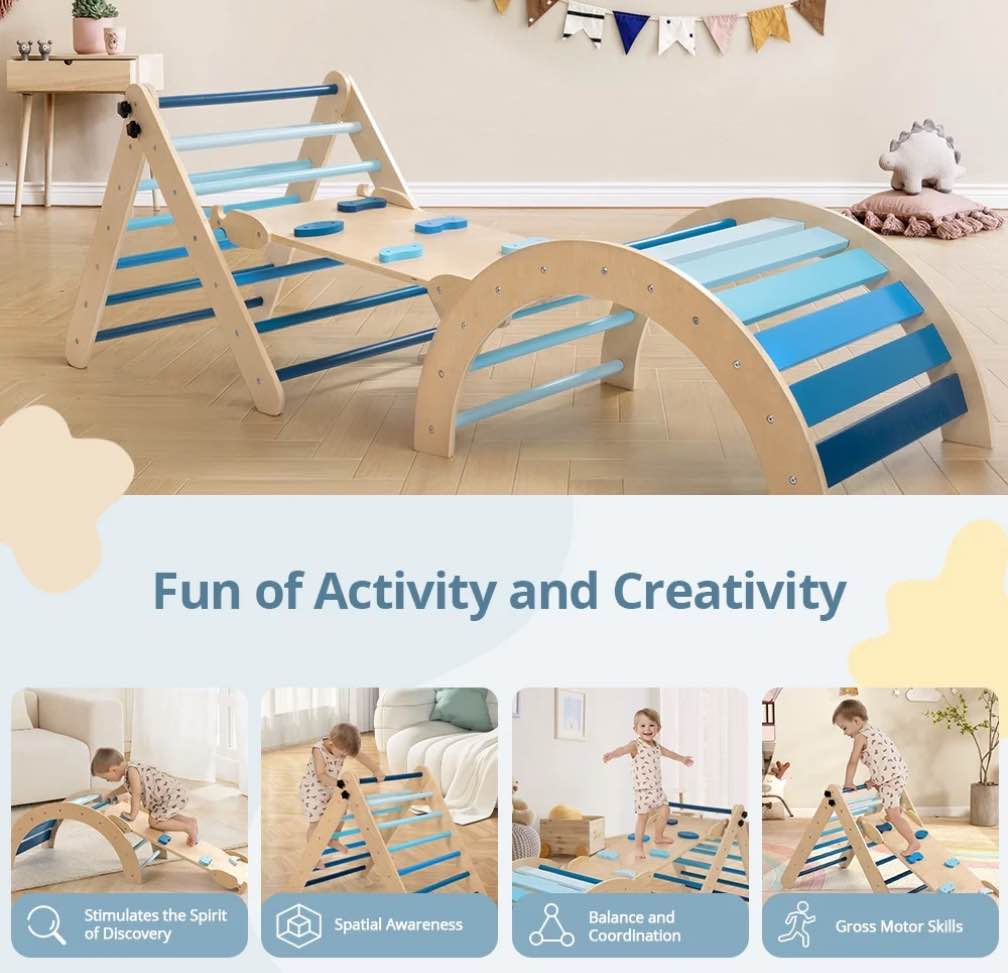 Pikler Triangle Set, Caveen 8 in 1 Montessori Climbing Set, Wooden Climbing Toys, with Arch, Ramp, Ladder, Tent and Cushion, Indoor Jungle Gym for Toddlers 0.5-6 Years Old, Blue
