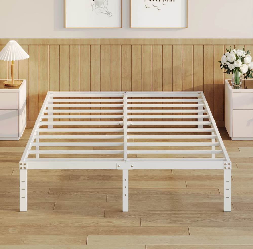 Maenize 18 inch Queen Bed Frame Heavy Duty Metal Platform No Box Spring Needed, Maximum Storage, Easy Assembly, Noise Free, White