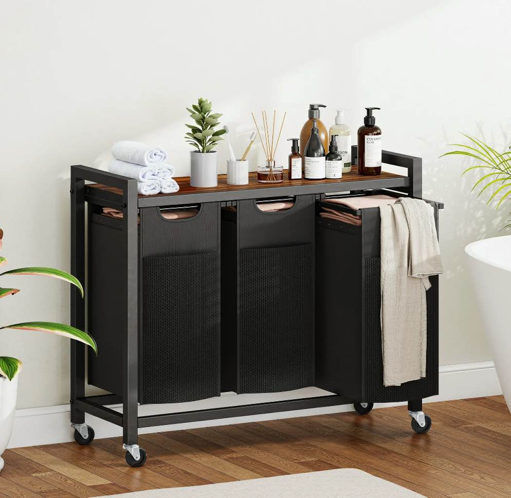 edx Laundry Hamper with 3 Pull-Out Removable Laundry Bags Clothing Sorter with Shelf and Wheels(Adjustable feet)  3 x 8.6 Gallons (32.5 Liters) for Laundry Rooms  Bathrooms and Dorms