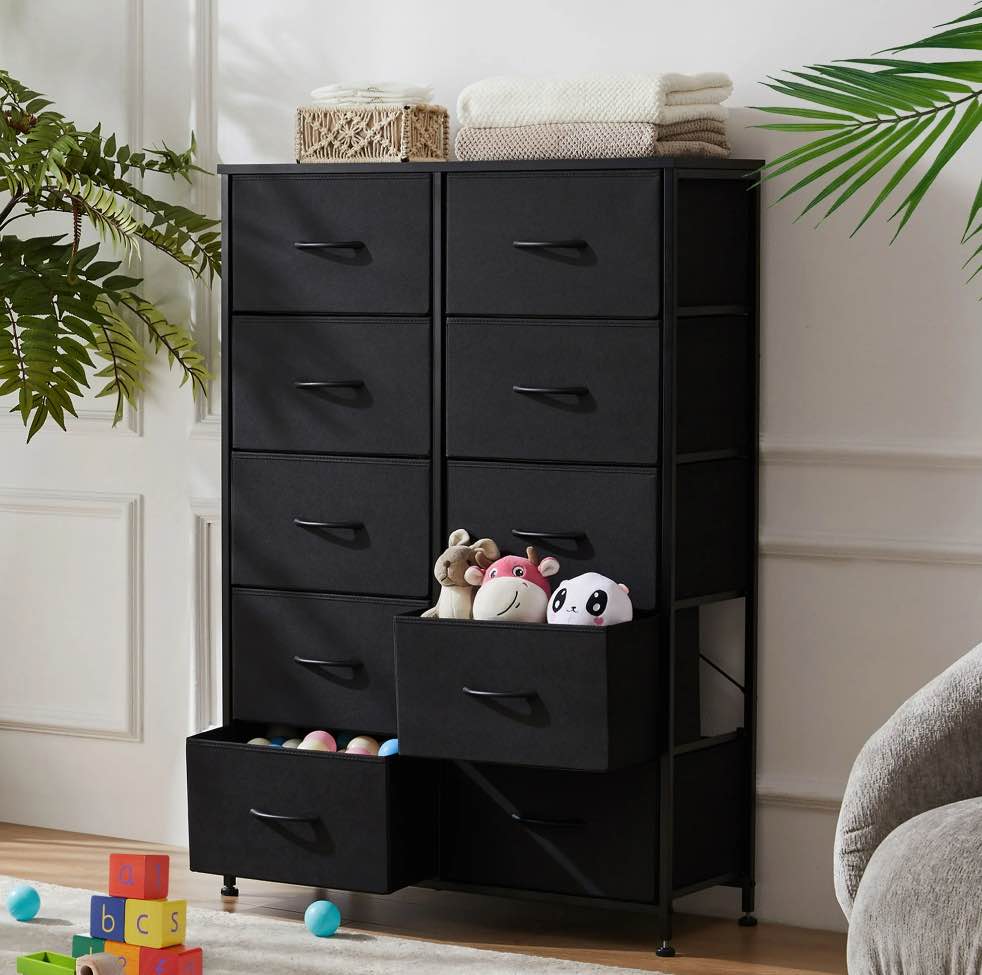 CONCETTA 10-Drawer Fabric Storage Cabinet for Adults, Organizer Furniture for Living Room, Office, Kitchen, Hallway, Black