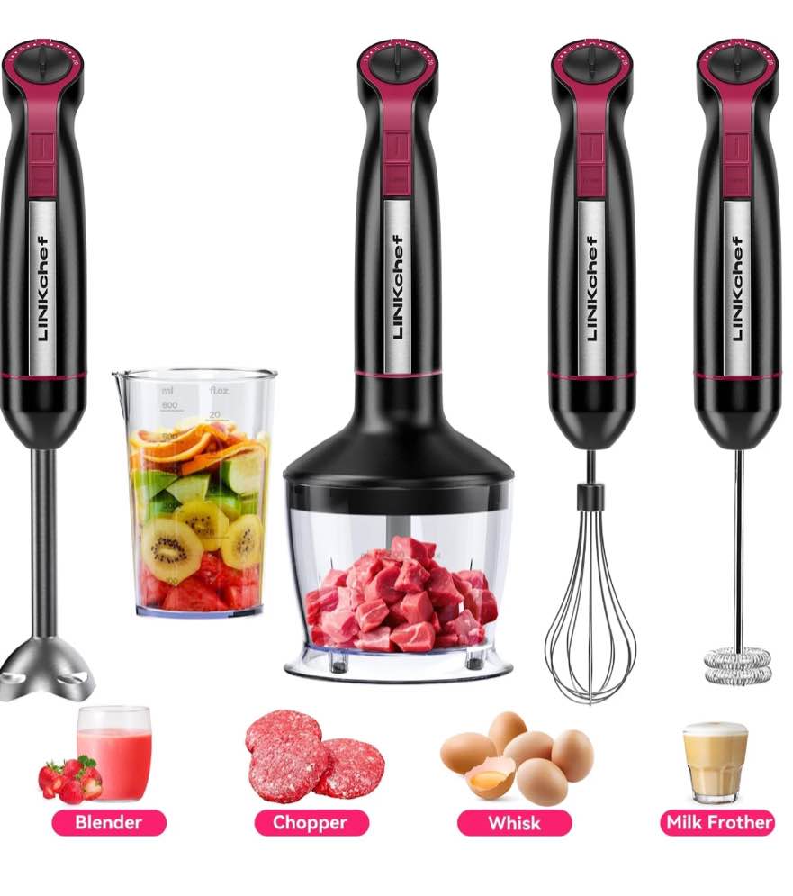 LINKChef Immersion Blender, 20-Speed 1000W 5-in-1 Immersion Hand Blender, Stick Blender with Turbo Mode, Baby Food Processor with Chopper, Blender for Kitchen with 600ml Beaker (Black)