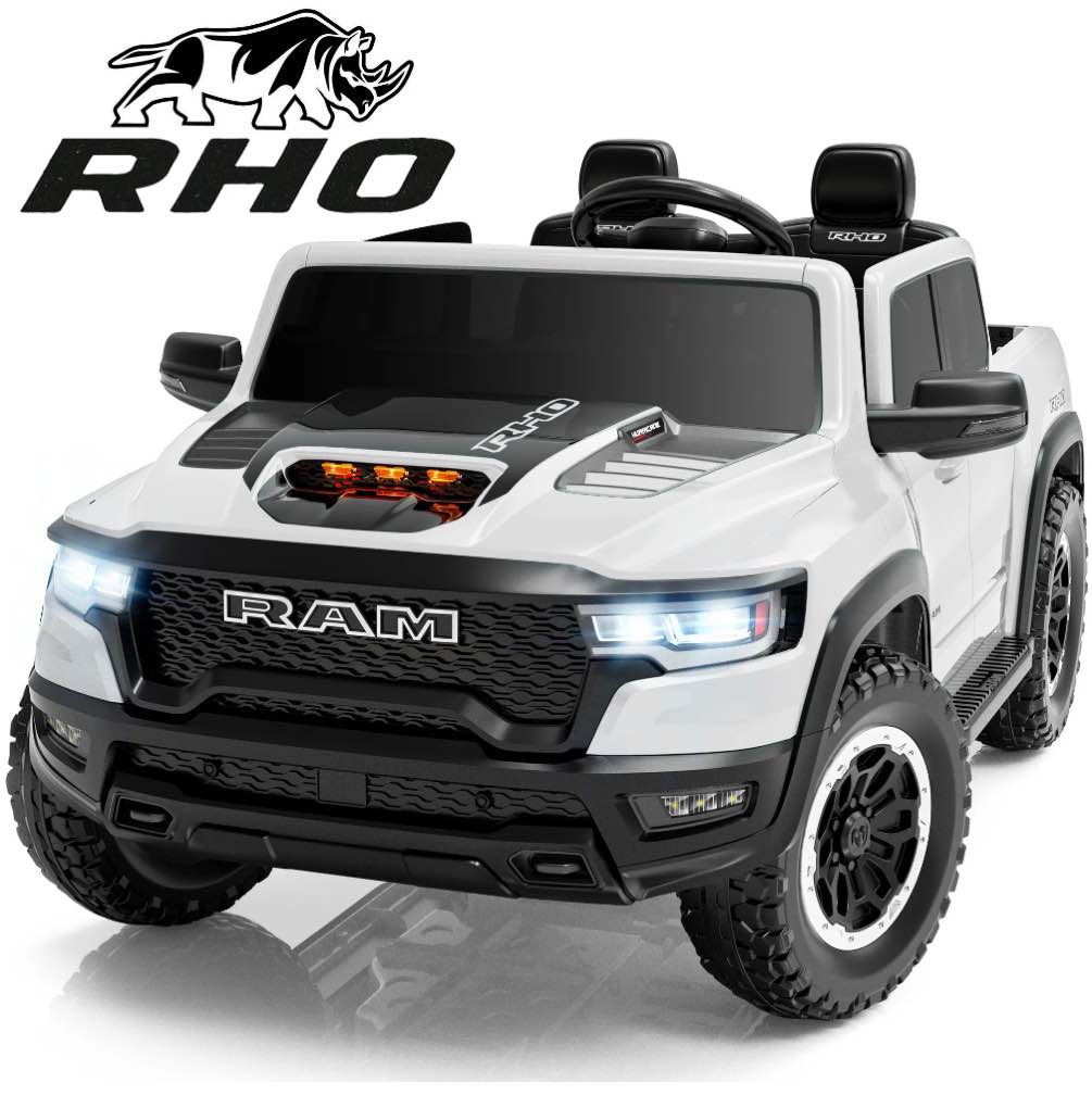 Ram 24V Ride on Car 2 Seater for Big Kids, Ram 1500 RHO Battery Powered Ride on Toy with Remote Control, 4 Wheelers Truck Electric Car for Kids Toddlers 3-8 Boys Girls, Bluetooth & Trunk, White