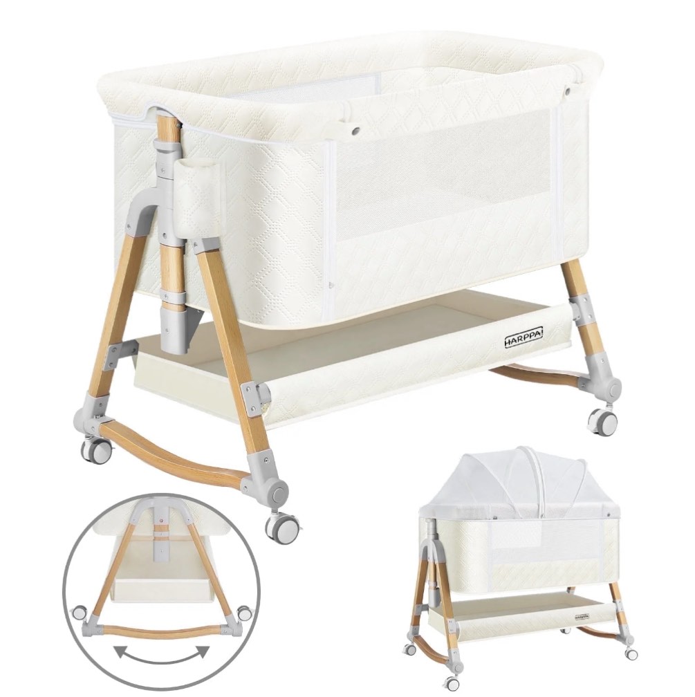 HARPPA Baby Bassinet Bedside Sleeper - 3-in-1 Cradle for Newborns, with Storage & Wheels, White