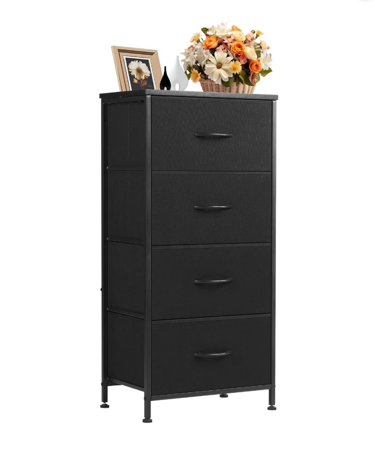 Condition photo showing New/Like New for CONCETTA 4 Drawer Dresser, Wide Chest Drawers Nightstand Storage Tower Storage Fabric Dresser With Wood Top for Living Room, Bedroom, Closet, Black