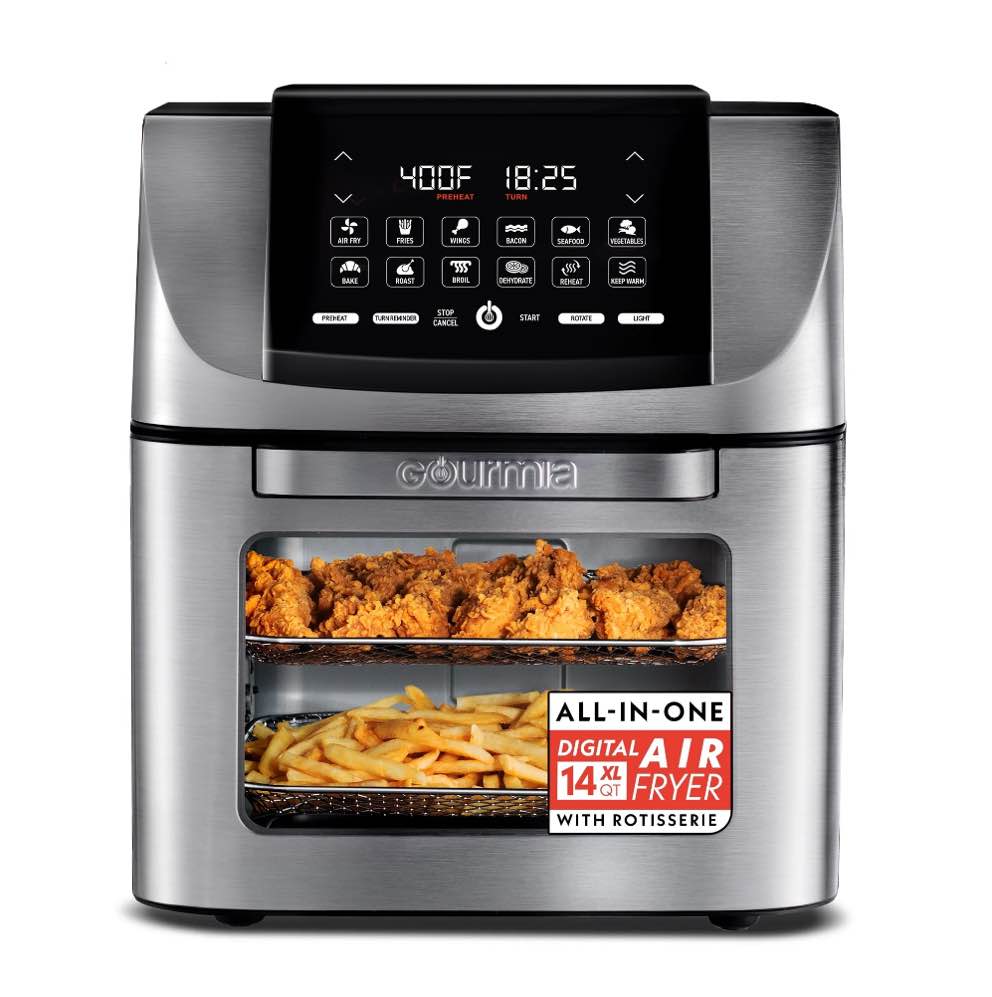 Gourmia 14 Qt Air Fryer Oven, 12 Presets, Rotisserie, FryForce 360°, Stainless Steel
