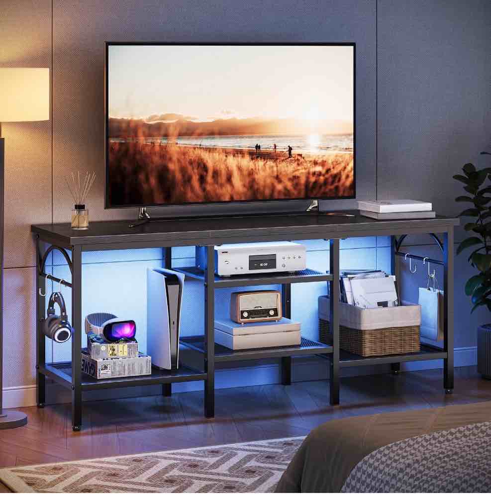 Pinmoco TV Stand for TVs up to 55 Inch, LED Light Entertainment Center with Open Storage Shelves, TV Media Console Table for Living Room, Bedroom, Black