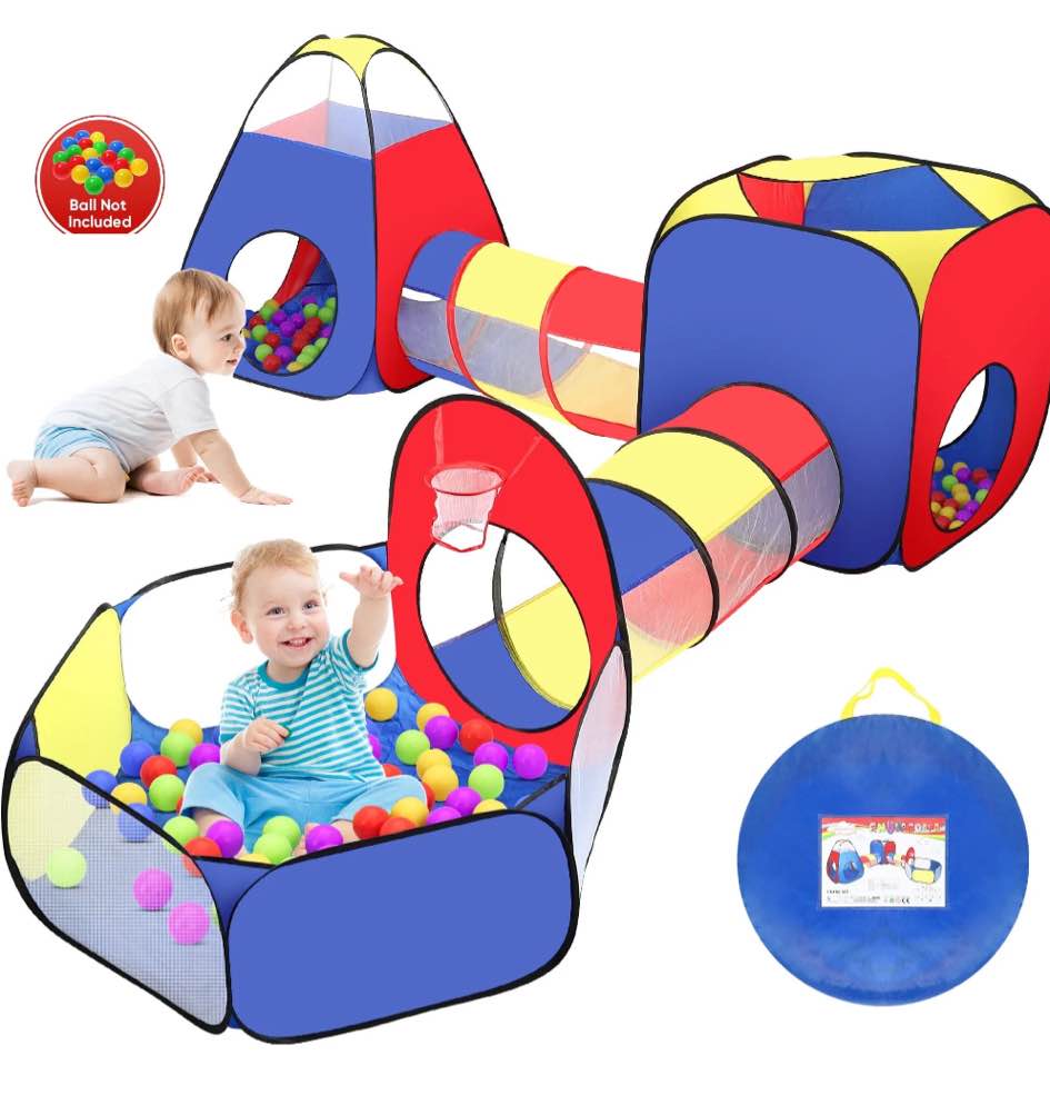 Yexmas 5 in 1 Kids Play Tent and Tunnels - Ball Pit for Toddlers, Basketball Hoop, 2 Crawl Tunnels, 2Pop-Up Playhouses Tent Set for Boys Girls Kids(No Ball)