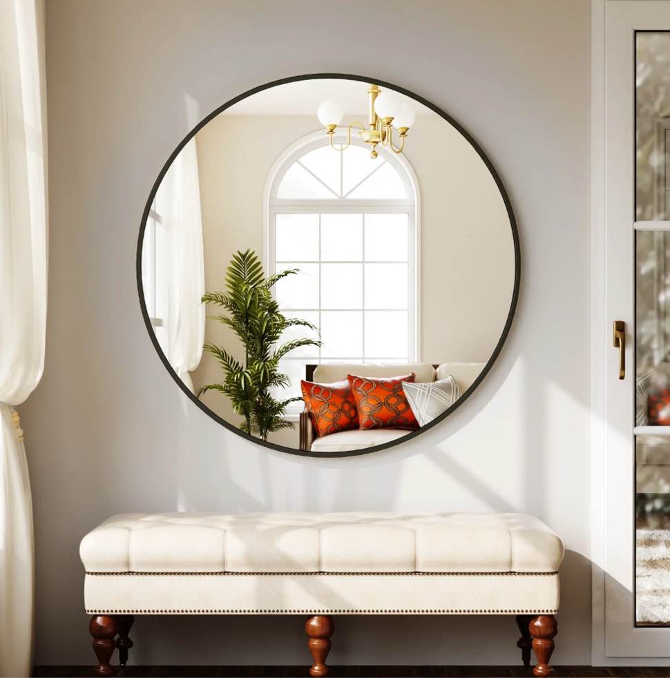 YVANLA 28" Rounded Bathroom Wall Mirror Vanity Mirror,Black