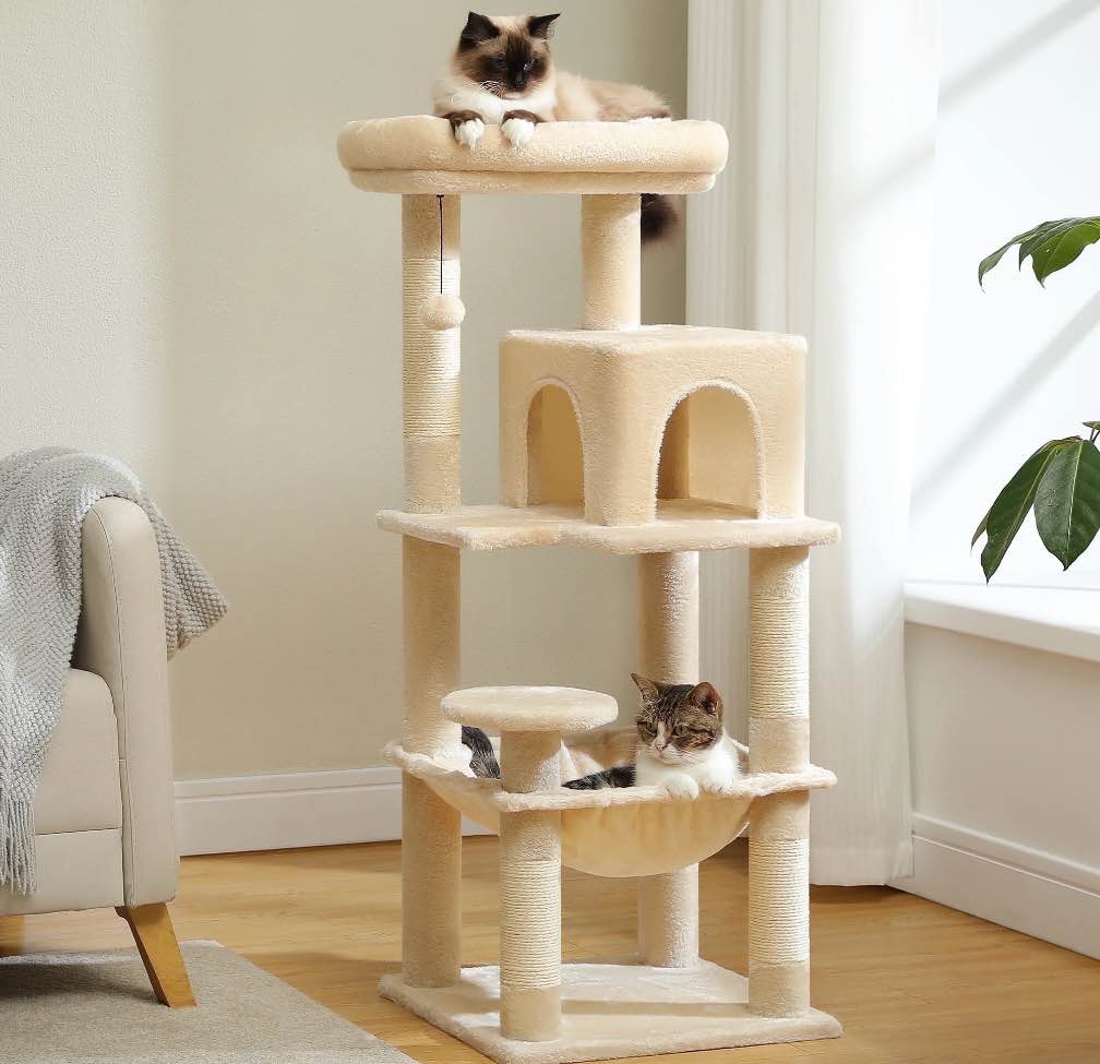 PAWZ Road Cat Tree Condo 46”with Sisal Covered Scratching Posts Tower Deep Hammock and Large Perch for Small Cats, Beige