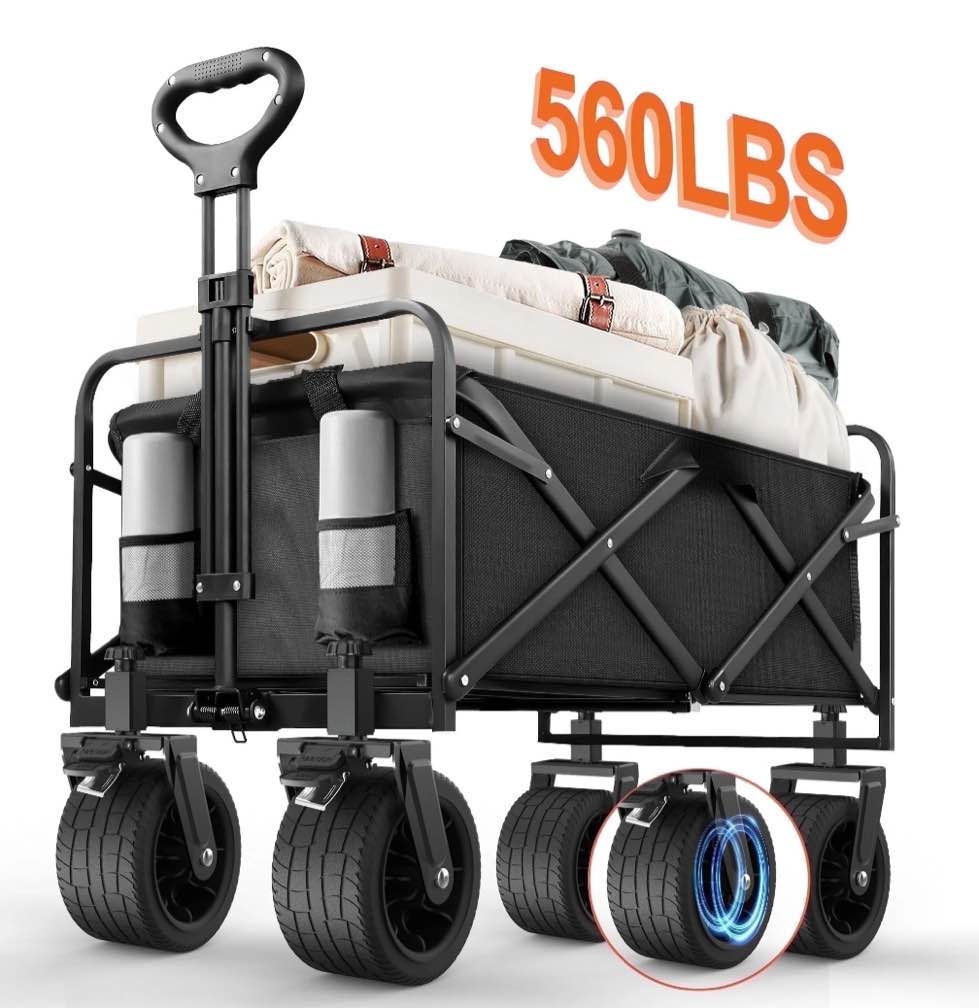 Qunler Large Collapsible Folding Wagon, 560 lbs Heavy Duty Big Bucket Utility Garden Cart with Oversized Tank Wheels for Sports, Shopping, Camping, Kids, Black
