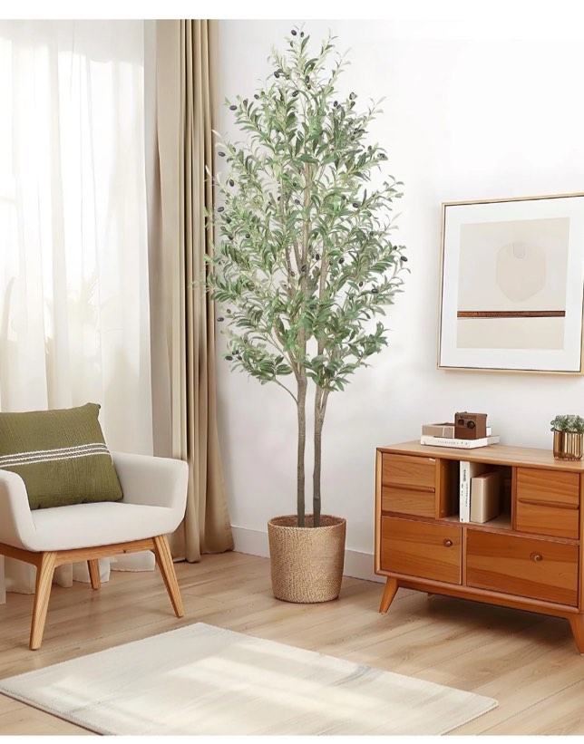 7FT Artificial Olive Tree Indoor, Silk Fake Potted Tree with Natural Wood Trunk & Lifelike Fruits, Faux Plant for Modern Home Office Living Room Floor Decor