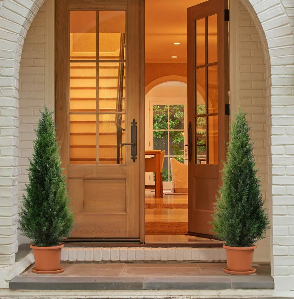 Artificial Cedar Tree 2 Pack 4 ft Outdoor Artificial Topiary Cedar Plants Fake Tree UV Rated Potted Tree for Perfect Housewarming Gift, Set of 2