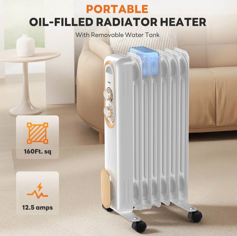 MCQ Oil Filled Radiator Heater for Indoor Use, 1500W with Adjustable Thermostat, for Office Bedroom Home,White