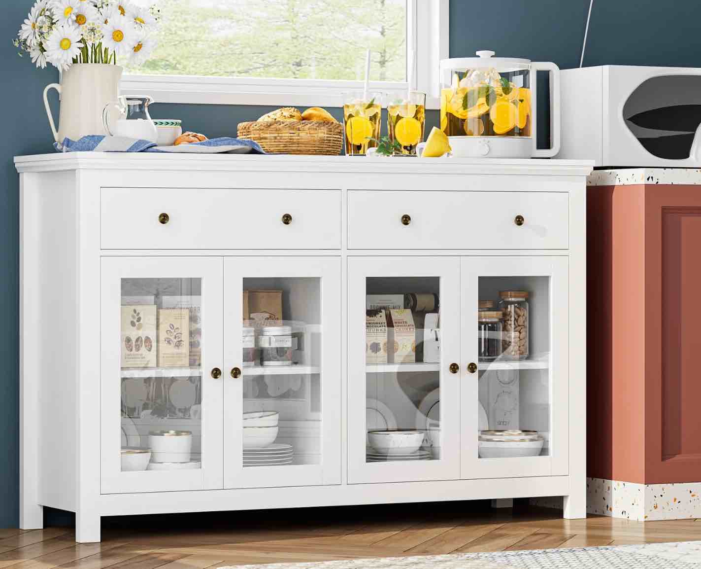 Homfa Kitchen Sideboard with 2 Drawer and Glass Door, Modern Buffet Cabinet for Dining Room, White