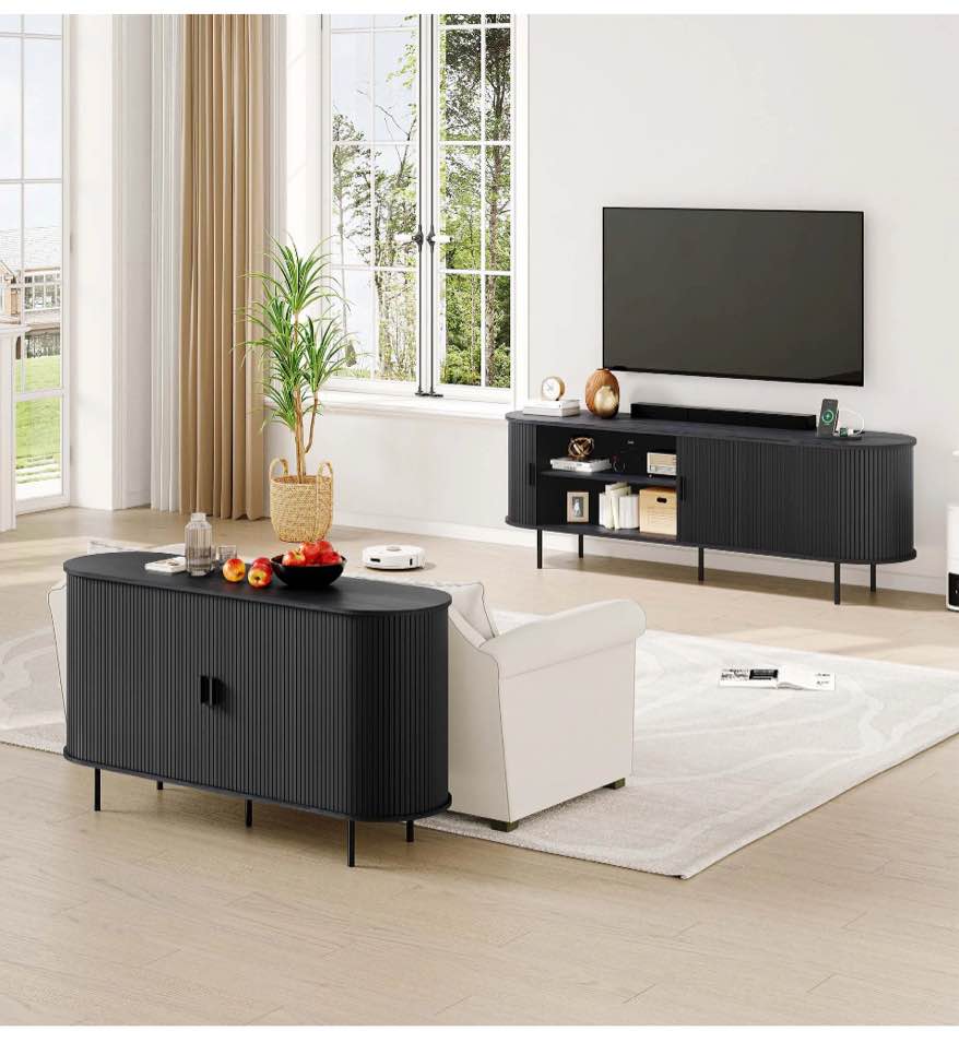 MARNUR 63" TV Stand for 70" TV, Wood Entertainment Center with Storage and Shelves, 2 Sliding Tambour Doors, Mid-Century Modern, Black