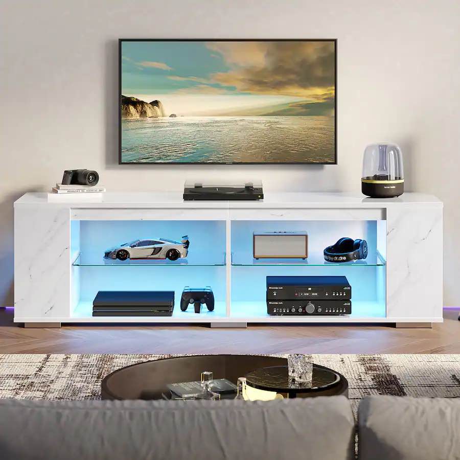 Pinmoco - 80" LED Gaming TV Stand with Bookshelf & 4 Open Shelves - White