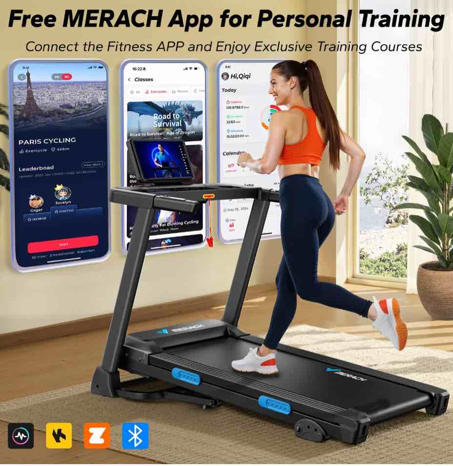 MERACH Folding Treadmill with 15% Auto Incline, Fitness Treadmill for Home with APP, 300 lbs Capacity