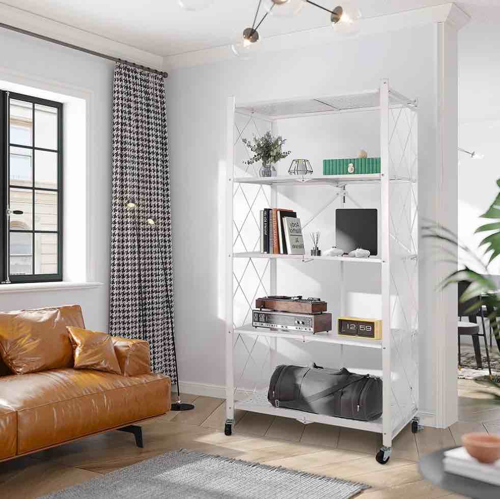 COOKCOK 5-Tier Storage Shelving Unit Metal Shelf 27.9 x13.4 x62.5 Foldable Storage Shelf with Wheels Garage Shelf Metal Storage Rack Kitchen Shelf with 4 Hooks No Assemble Require White