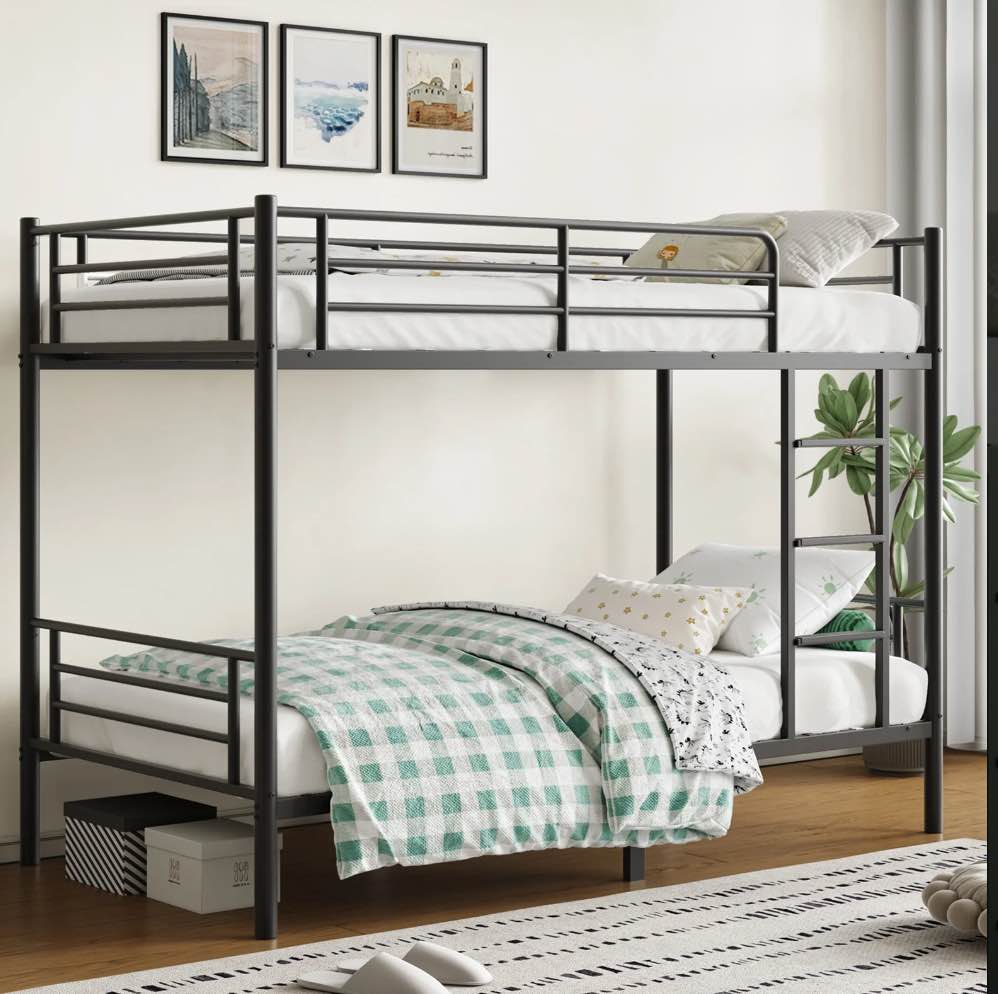 Capri Metal Twin over Twin Size Bunk Bed Frame with 10.63'' Under-Bed Storage & Stairs & Full-Length Guardrail, Noise Free, Heavy-duty, Black