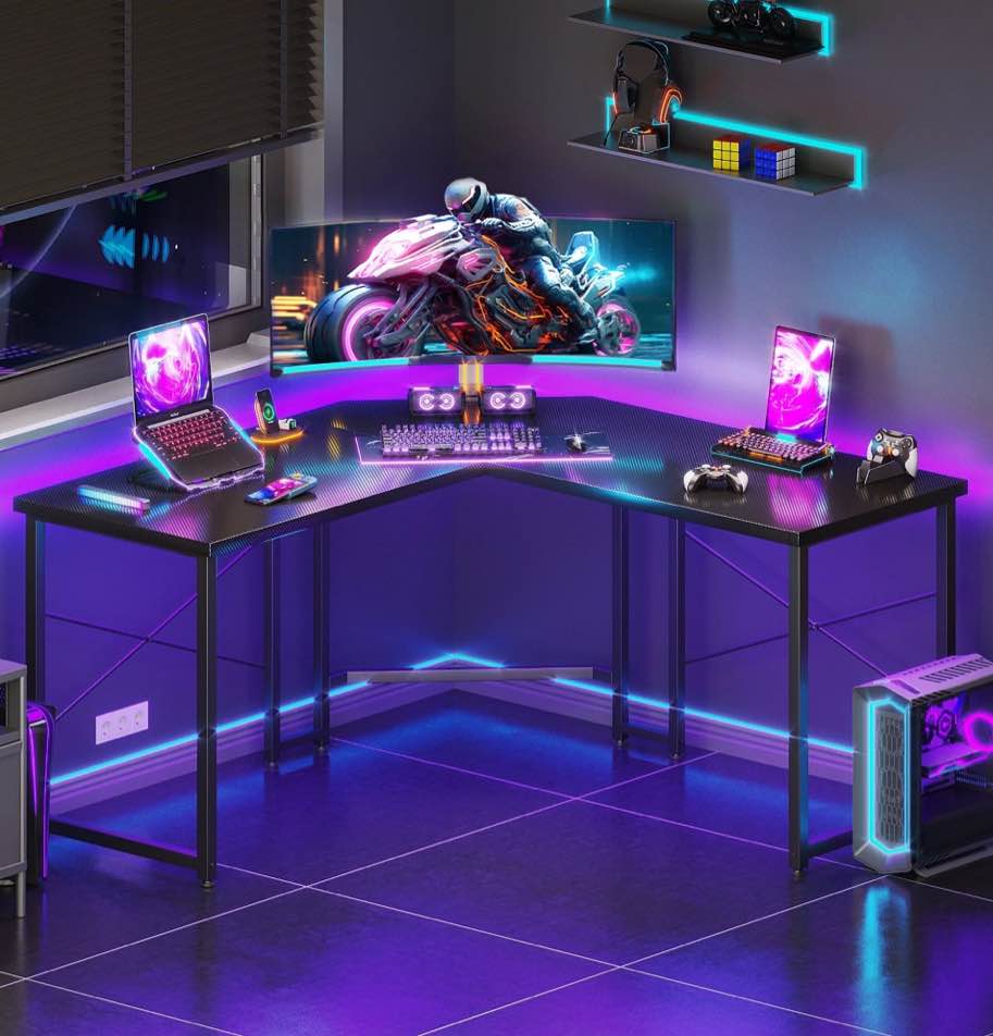 casacomoda computer desk l shaped, 51 inch reversible l shaped desk, gaming desk, home office desk, carbon fiber black