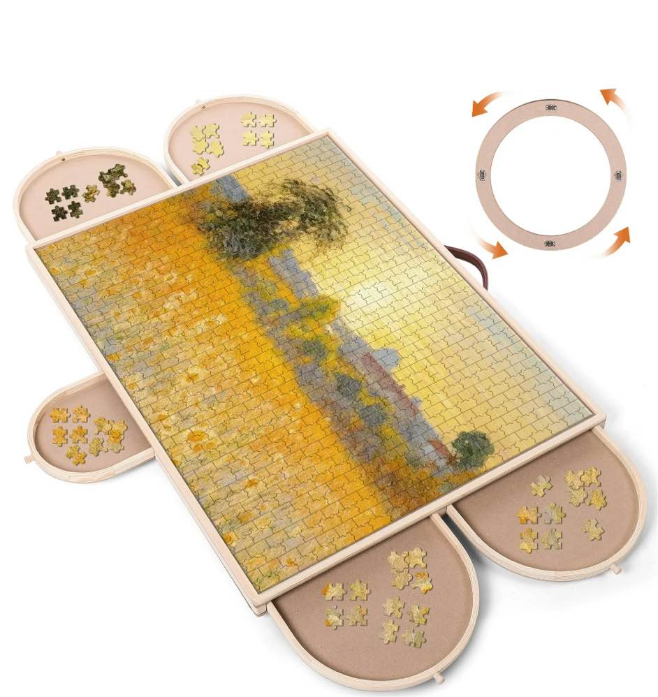 Crtynell 1500 Piece Puzzle Board With Drawers And Cover, 34" X 26" Wooden Rotating Jigsaw Puzzle Table, Spinning Puzzle Boards For Adults