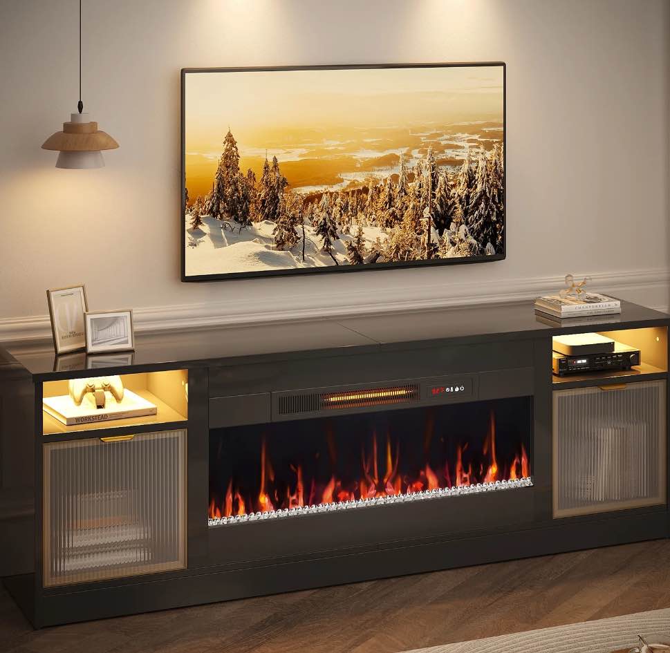Bestier 70 inch Fireplace TV Stand with 36" Electric Fireplace, High Gloss Entertainment Center for TVs up to 80 inch with LED Lights & Storage Cabinets, Black