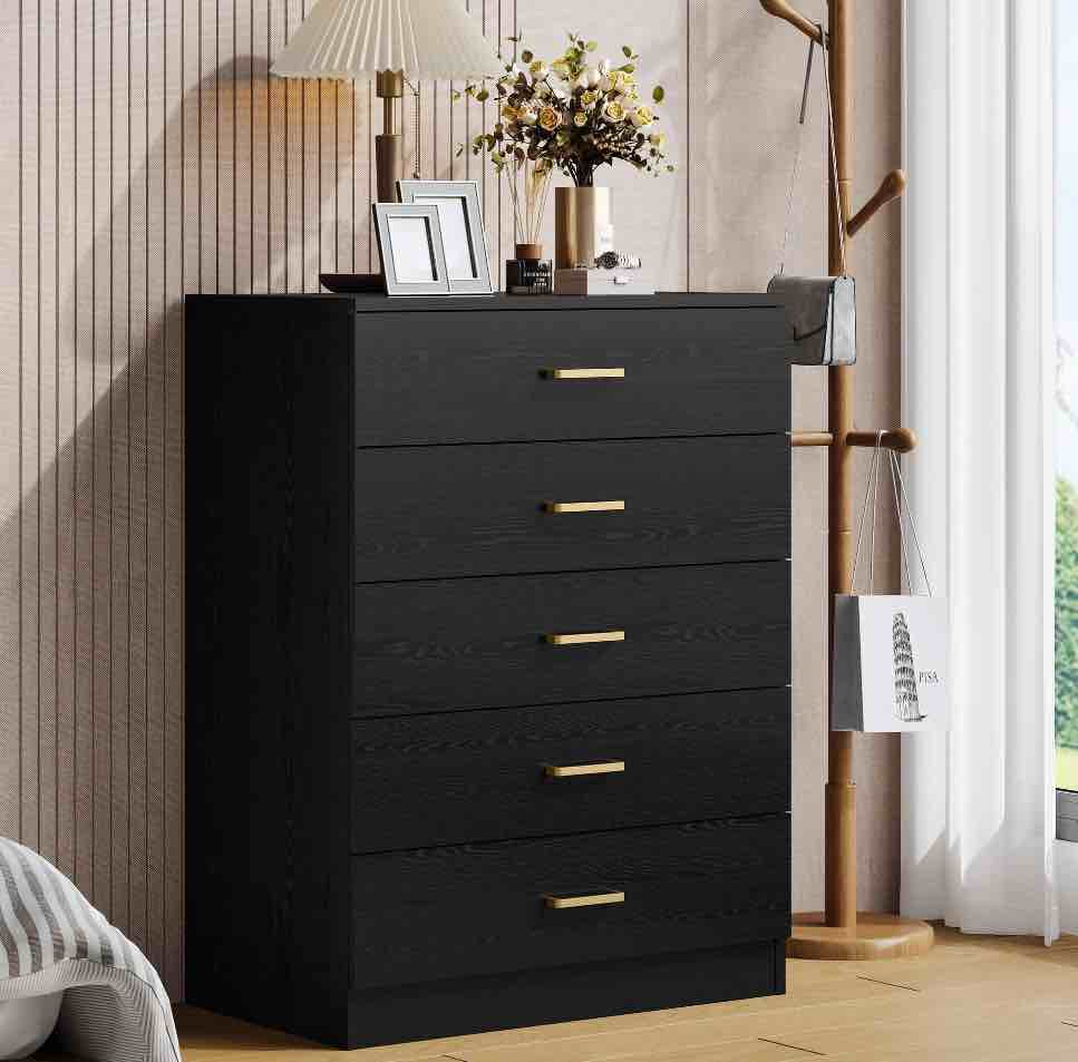 UHOMEPRO Black 5 Drawer Dresser, Chest of Drawers for Bedroom, Modern Storage Cabinet Dresser Organizer Unit with Handle for Living Room, Closet, Hallway
