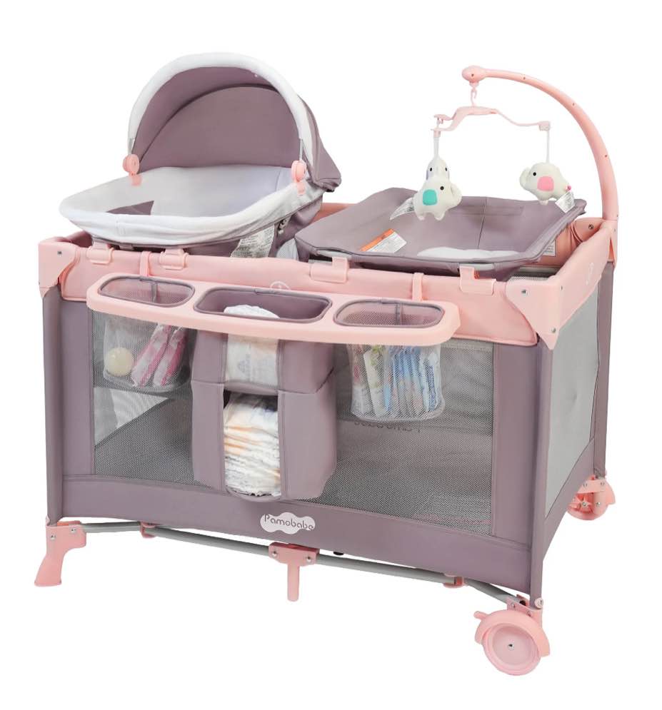 Pamo Babe 4-in-1 Baby Playard with Bassinet & Changing Table for Newborn,4-Panels Playpen