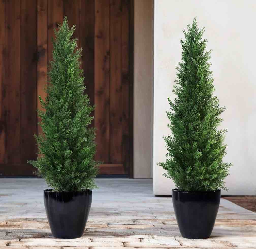 Artificial Cedar Tree 2 Pack 3 ft Outdoor Artificial Topiary Cedar Plants Fake Tree UV Rated Potted Plants for Porch Decor Faux Pine Tree for Perfect Housewarming Gift