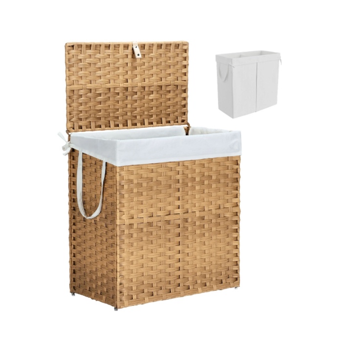 edx Laundry Basket with Lid, 110 L Hand-Woven Pp Rattan Laundry Basket with Compartments & Handles, Foldable, Removable Liner, Natural