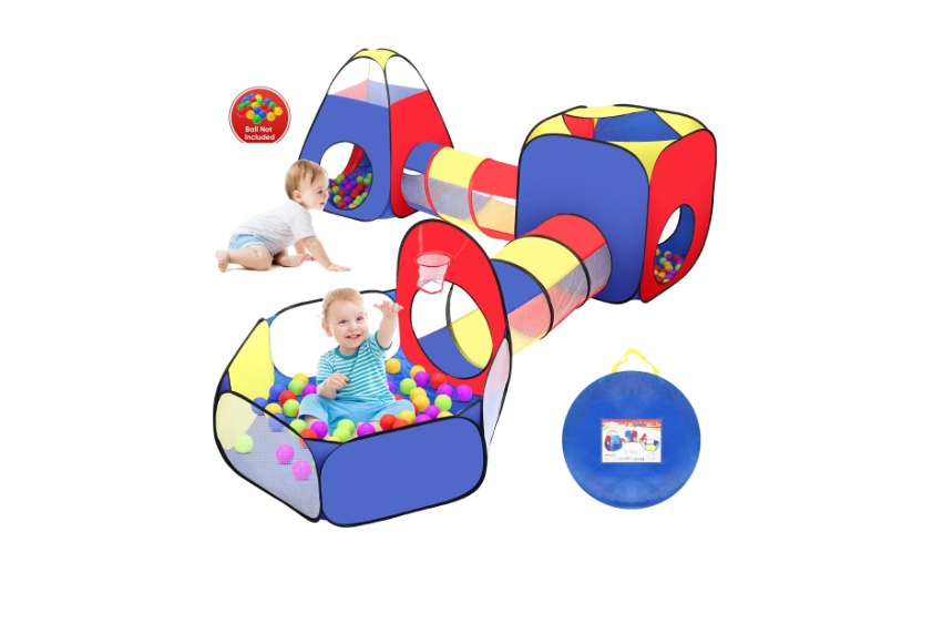 yexmas 5 in 1 kids play tent and tunnels - ball pit for toddlers, basketball hoop, 2 crawl tunnels, 2pop-up playhouses tent set for boys girls kids(no ball)
