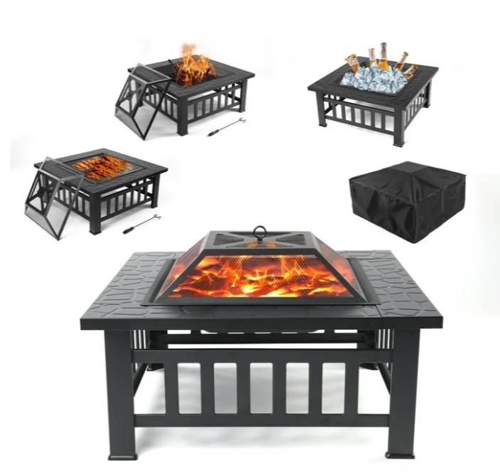 Fire Pits for Outside, 32" Wood Burning Fire Pit Tables with Screen Lid, Poker, BBQ Net, Ice Tray, Food Clip and Cover, Backyard Patio Garden Outdoor Fire Pit/Ice Pit/BBQ Fire Pit, Black